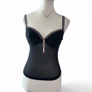 Donna Loren Gold Label Y2K Pink Lace With Black Sheer Polka Dot Cam Size M